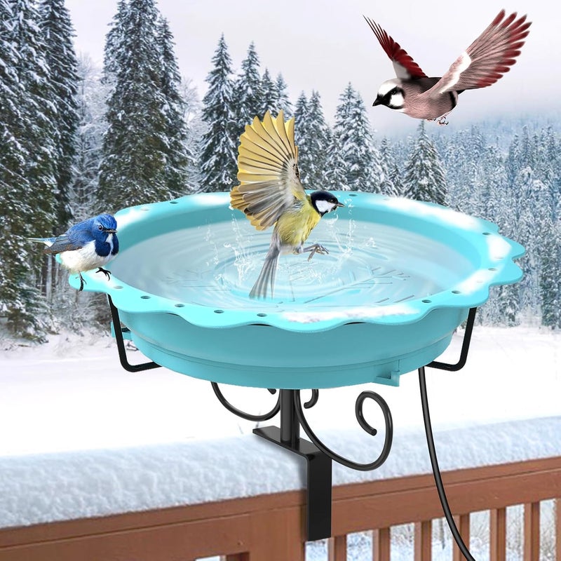 We-buys Heated Bird Baths for Outdoors, 100W Heated Bird Bath for Deck Railing, Heated Birdbath with Thermostat Control, Heated Bird Bath for Outside Winter Garden Patio Yard (Blue) - Image 1